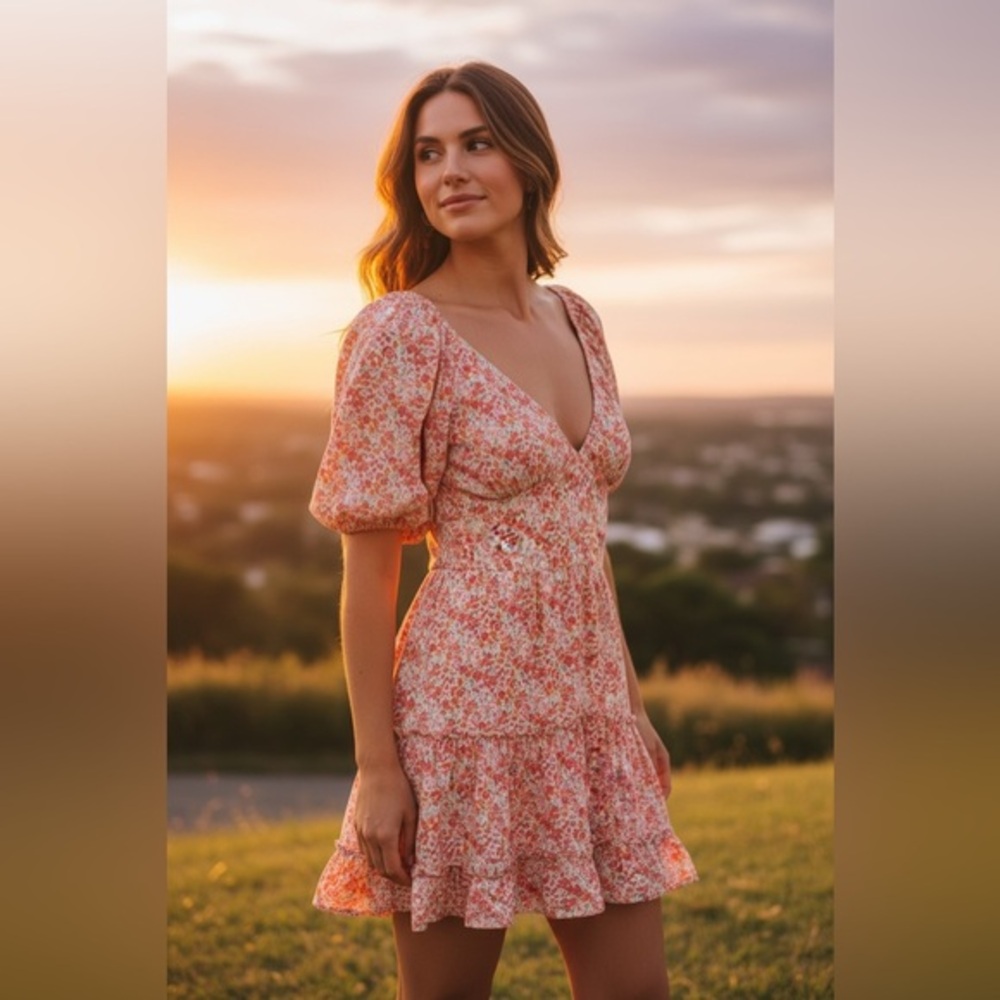 Lush Floral Mini Dress Flowers Cottagecore Boho Western Balloon Sleeve XL